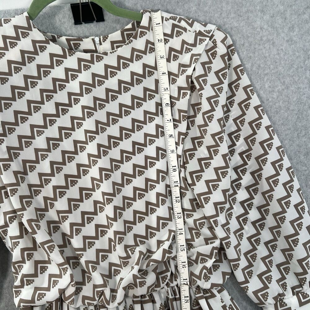 Vintage VLP Dress 80s Geometric Blouson tan cream w Pleated Skirt Size 10P - Picture 8 of 16